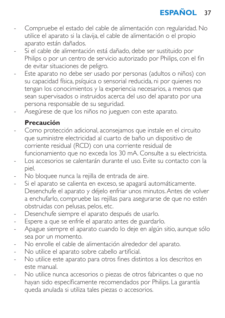 Precaución | Philips Salon Airstylist Control Brosse coiffante User Manual | Page 37 / 104