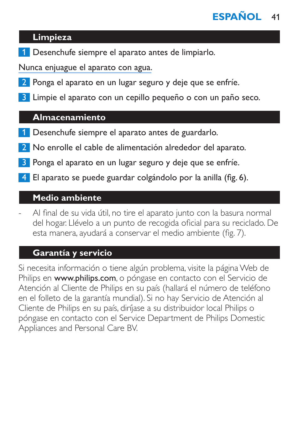 Limpieza, Almacenamiento, Medio ambiente | Garantía y servicio, Guía de resolución de problemas | Philips Salon Airstylist Control Brosse coiffante User Manual | Page 41 / 104