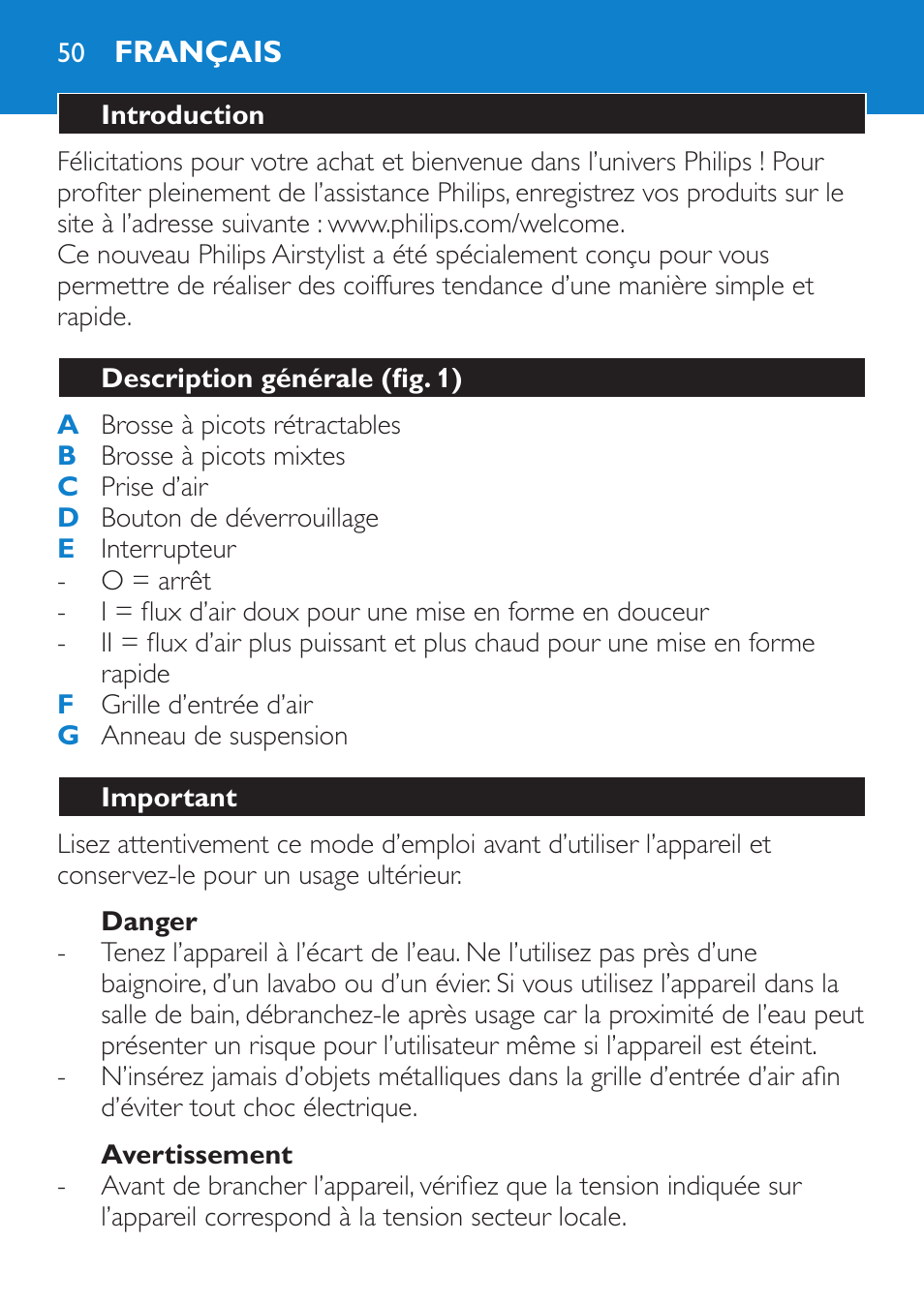 Danger, Avertissement, Français | Introduction, Description générale (fig. 1), Important | Philips Salon Airstylist Control Brosse coiffante User Manual | Page 50 / 104