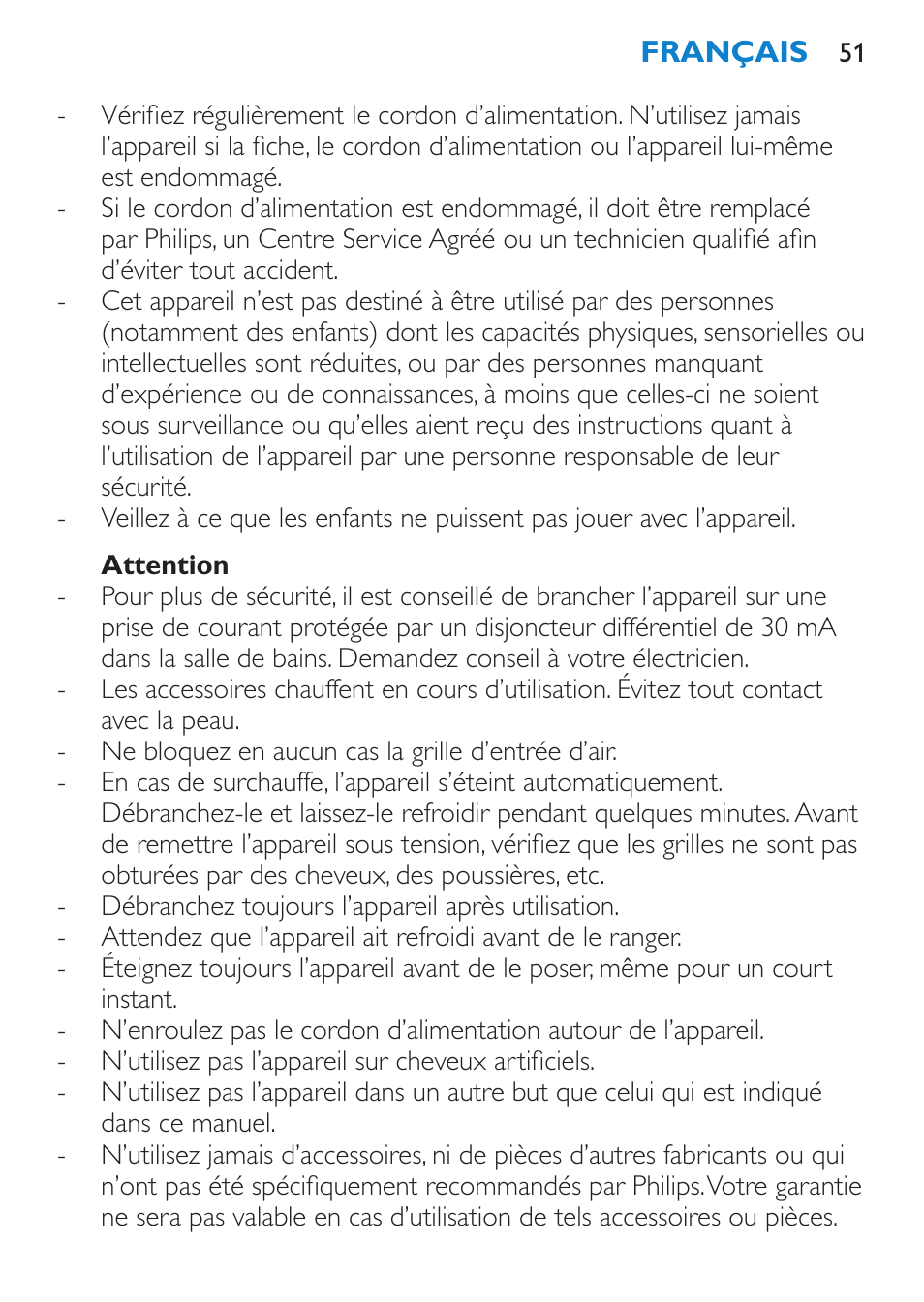 Attention | Philips Salon Airstylist Control Brosse coiffante User Manual | Page 51 / 104