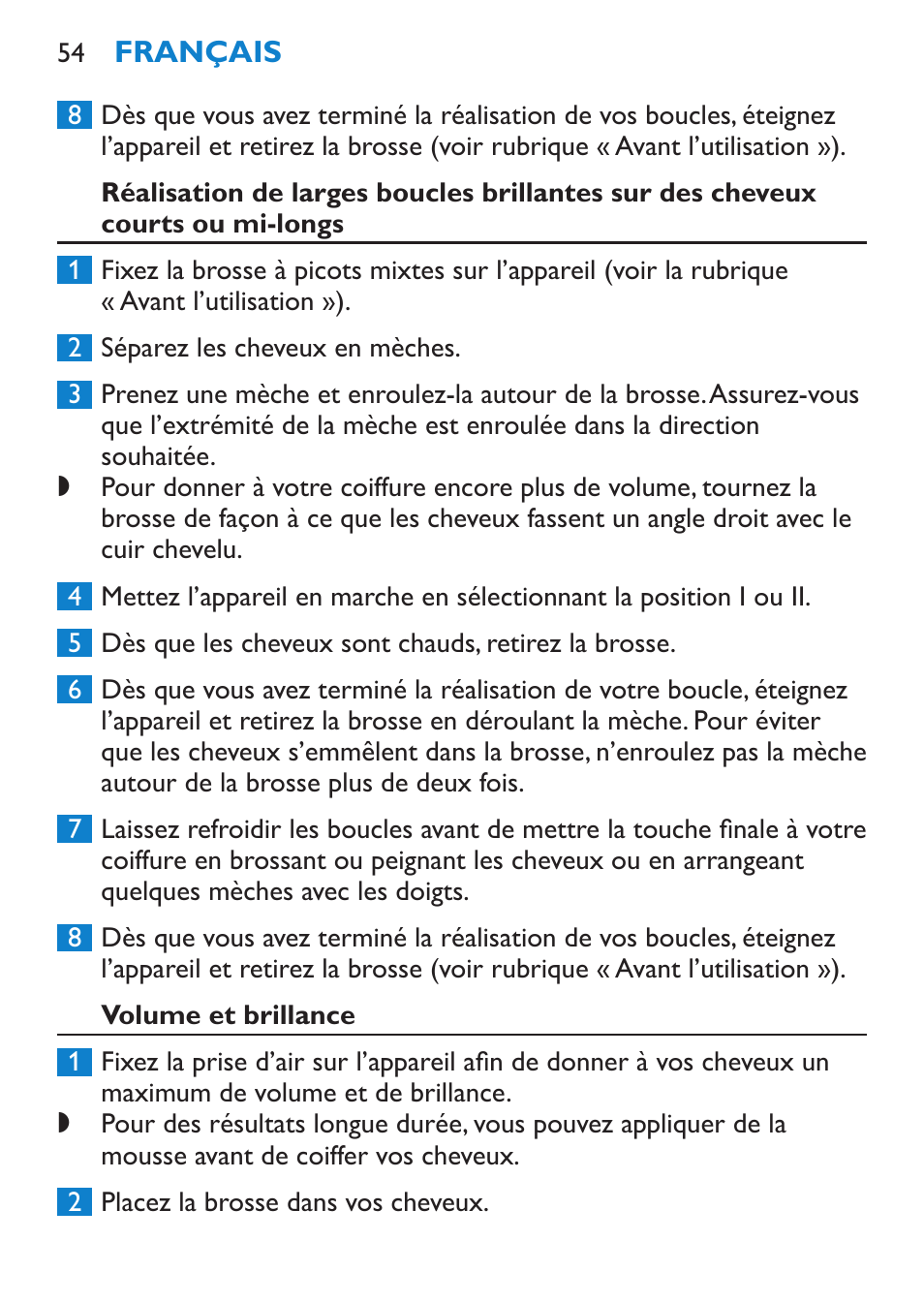 Volume et brillance | Philips Salon Airstylist Control Brosse coiffante User Manual | Page 54 / 104