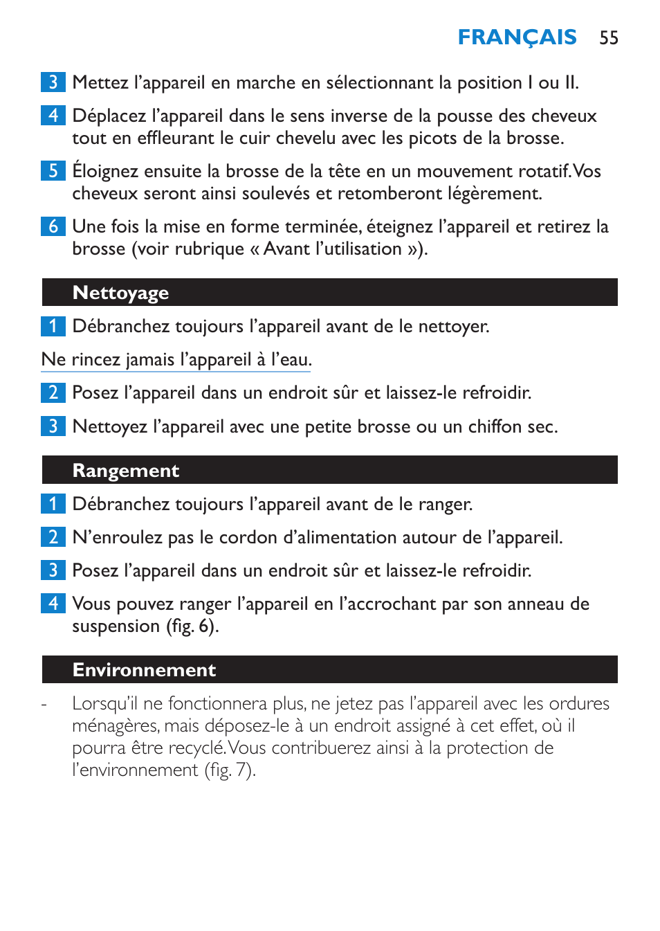 Nettoyage, Rangement, Environnement | Garantie et service | Philips Salon Airstylist Control Brosse coiffante User Manual | Page 55 / 104