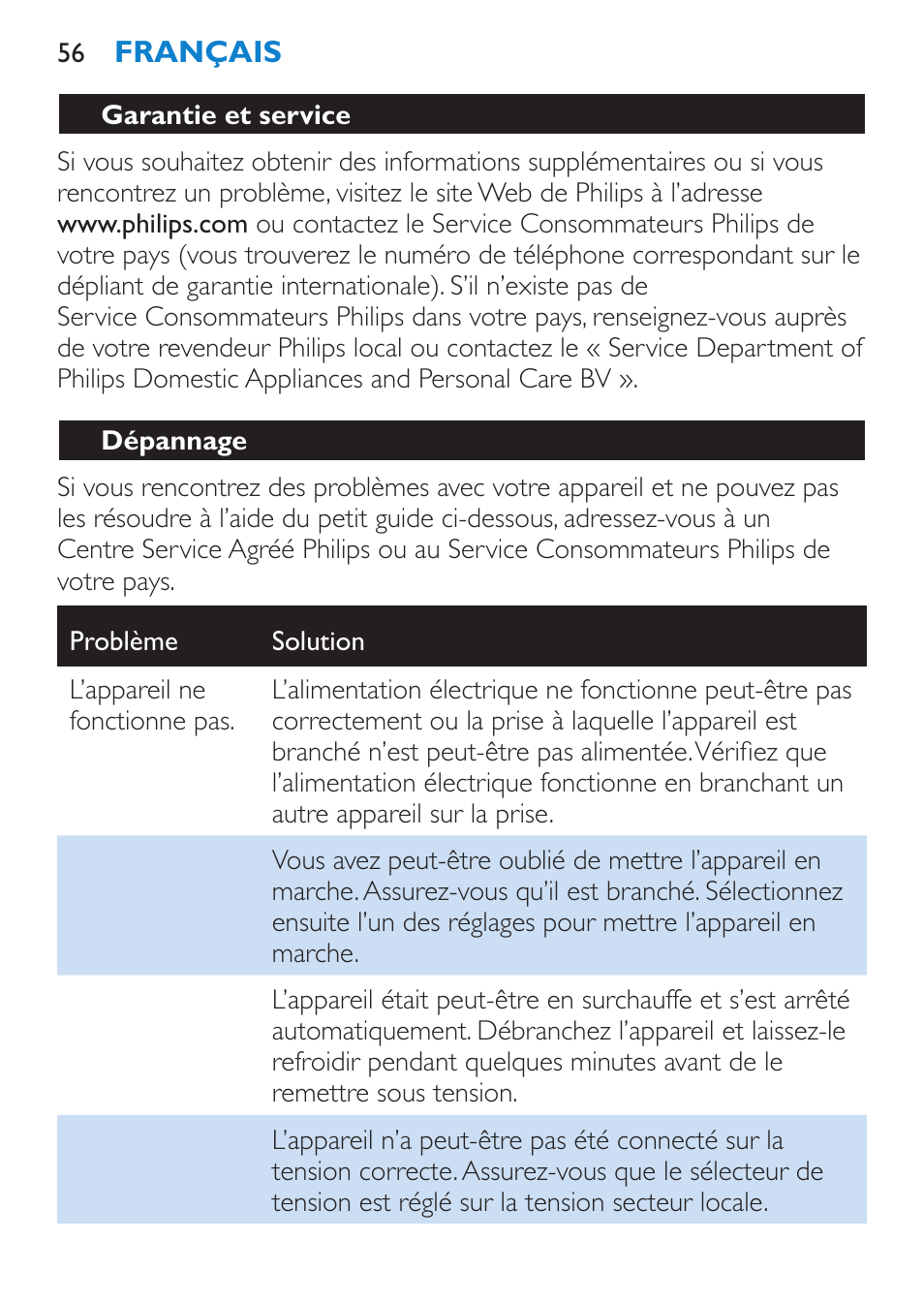 Dépannage | Philips Salon Airstylist Control Brosse coiffante User Manual | Page 56 / 104