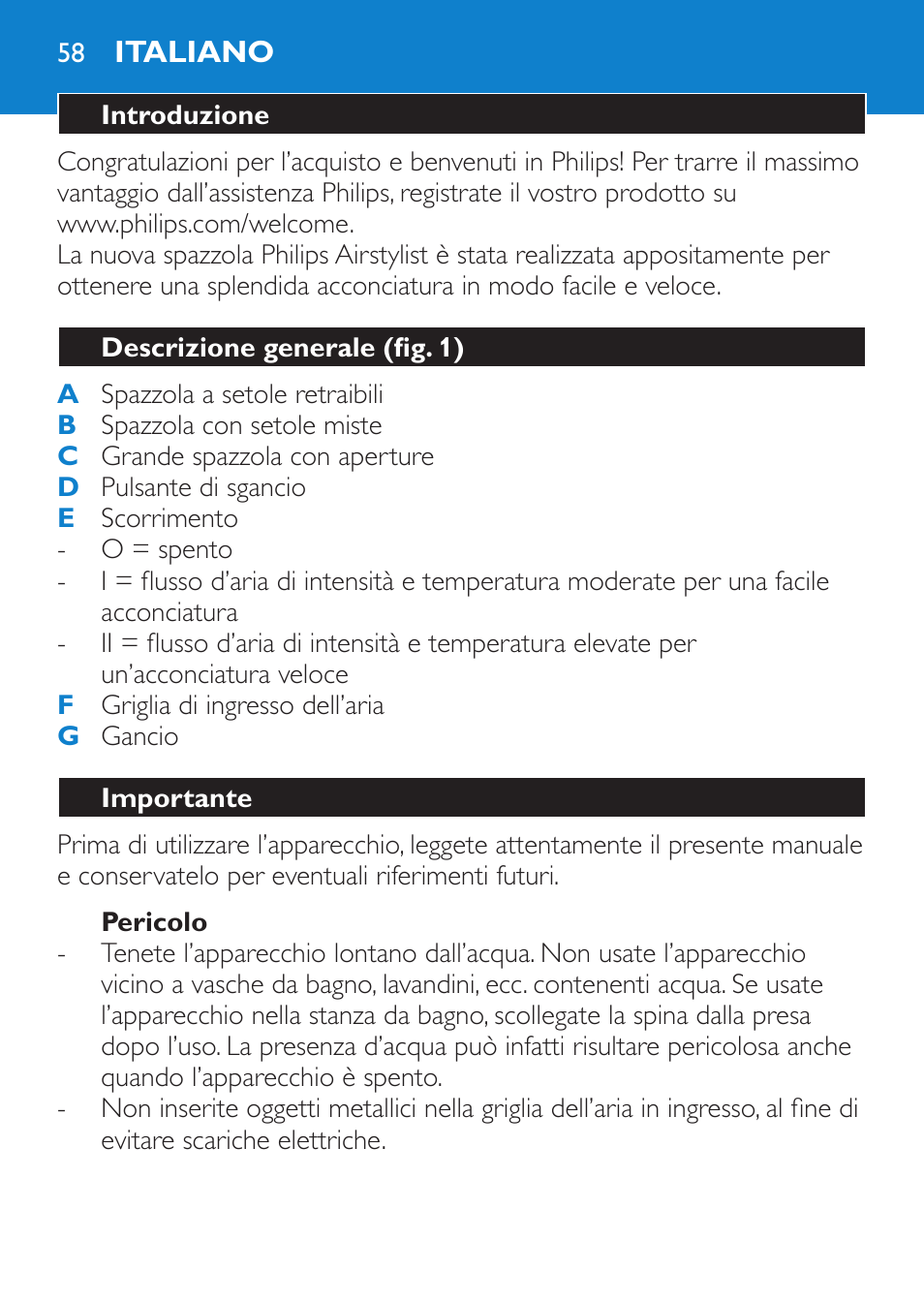 Pericolo, Italiano, Introduzione | Descrizione generale (fig. 1), Importante | Philips Salon Airstylist Control Brosse coiffante User Manual | Page 58 / 104