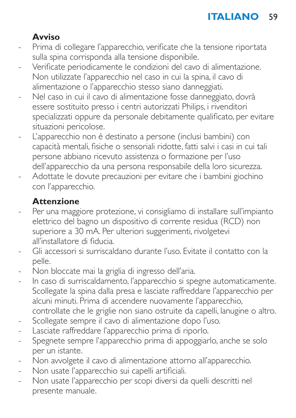 Avviso, Attenzione | Philips Salon Airstylist Control Brosse coiffante User Manual | Page 59 / 104