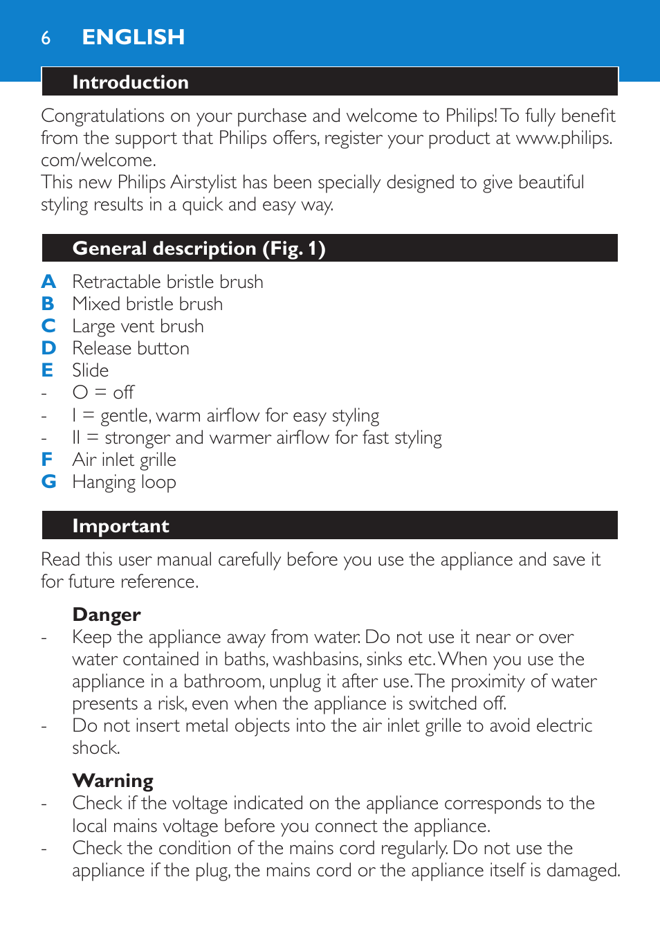 English, Introduction, General description (fig. 1) | Important, Danger, Warning | Philips Salon Airstylist Control Brosse coiffante User Manual | Page 6 / 104