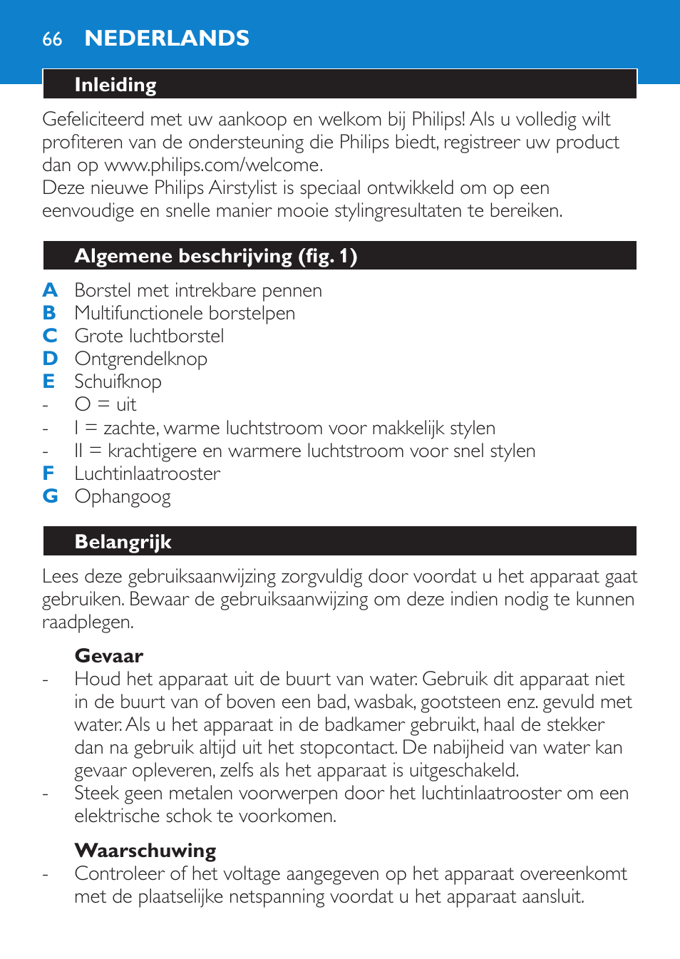 Gevaar, Waarschuwing, Nederlands | Inleiding, Algemene beschrijving (fig. 1), Belangrijk | Philips Salon Airstylist Control Brosse coiffante User Manual | Page 66 / 104