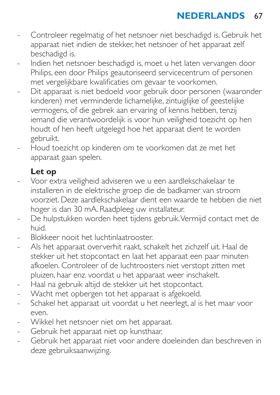 Let op | Philips Salon Airstylist Control Brosse coiffante User Manual | Page 67 / 104