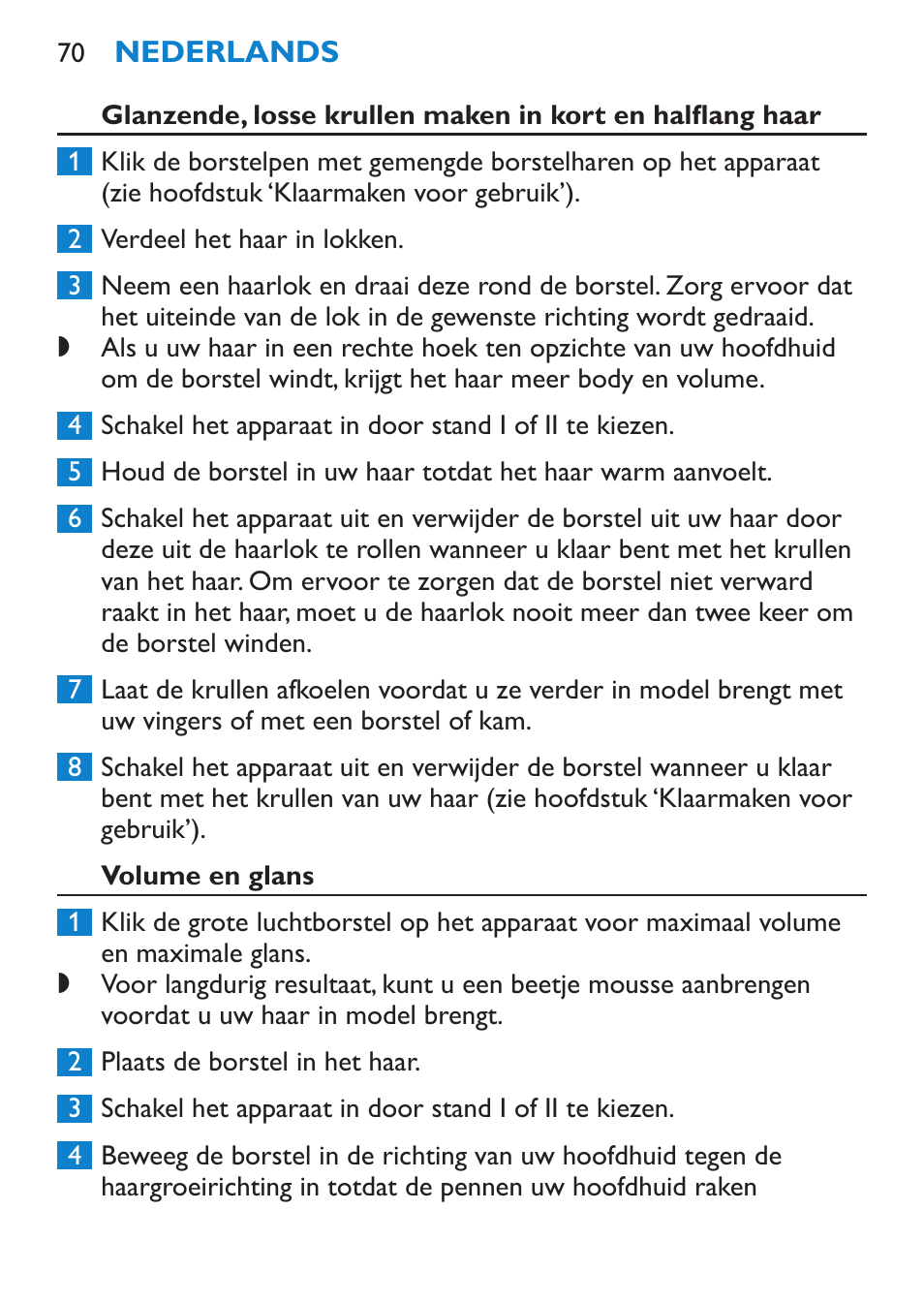 Volume en glans | Philips Salon Airstylist Control Brosse coiffante User Manual | Page 70 / 104