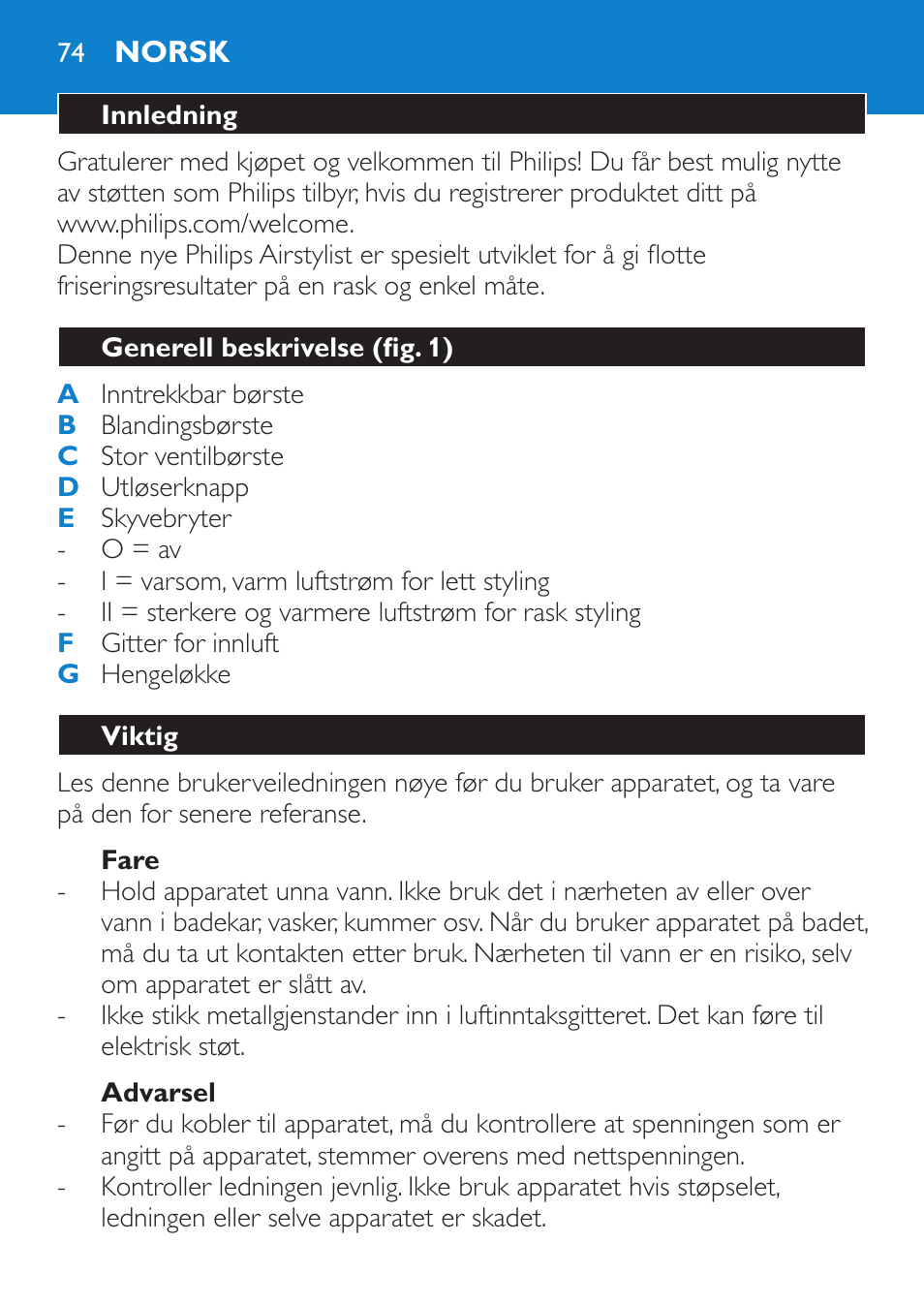 Fare, Advarsel, Norsk | Innledning, Generell beskrivelse (fig. 1), Viktig | Philips Salon Airstylist Control Brosse coiffante User Manual | Page 74 / 104