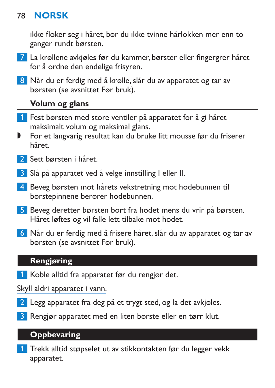 Volum og glans, Rengjøring, Oppbevaring | Philips Salon Airstylist Control Brosse coiffante User Manual | Page 78 / 104