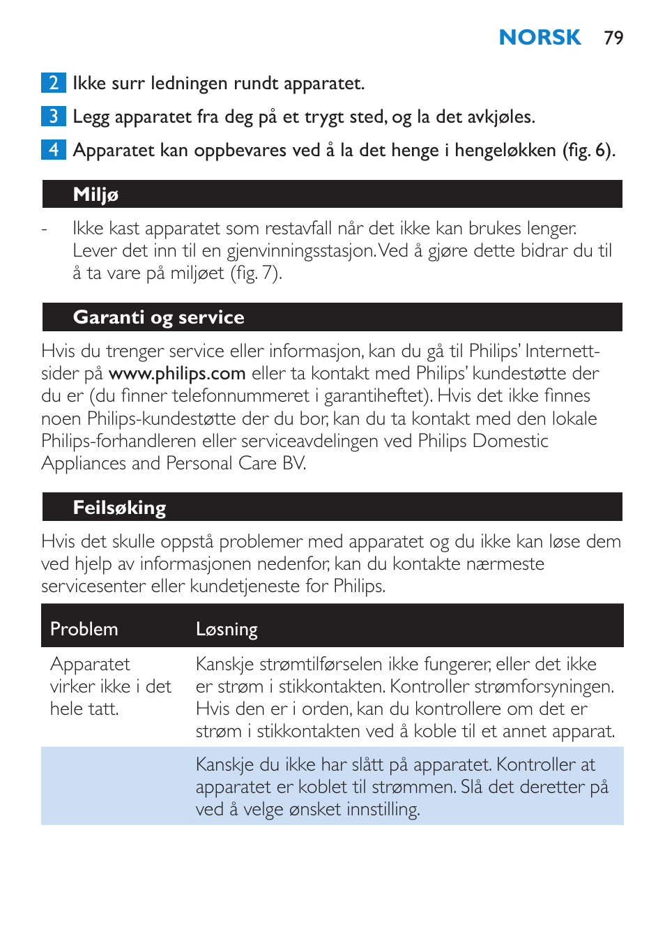 Miljø, Garanti og service, Feilsøking | Philips Salon Airstylist Control Brosse coiffante User Manual | Page 79 / 104