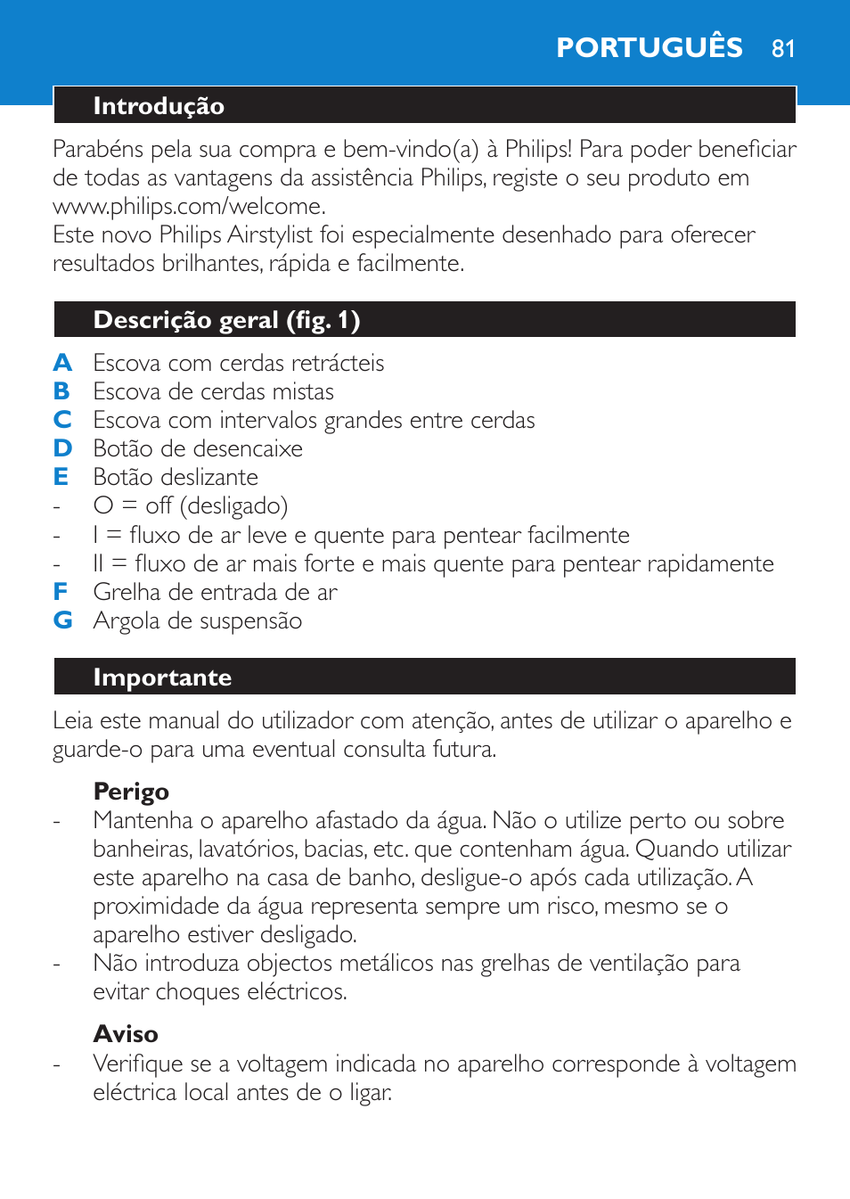 Perigo, Aviso, Português | Introdução, Descrição geral (fig. 1), Importante | Philips Salon Airstylist Control Brosse coiffante User Manual | Page 81 / 104