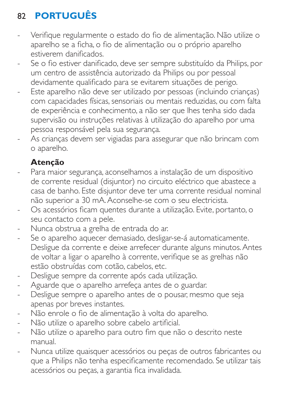 Atenção | Philips Salon Airstylist Control Brosse coiffante User Manual | Page 82 / 104