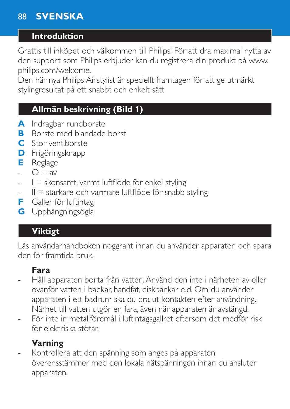 Fara, Varning, Svenska | Introduktion, Allmän beskrivning (bild 1), Viktigt | Philips Salon Airstylist Control Brosse coiffante User Manual | Page 88 / 104