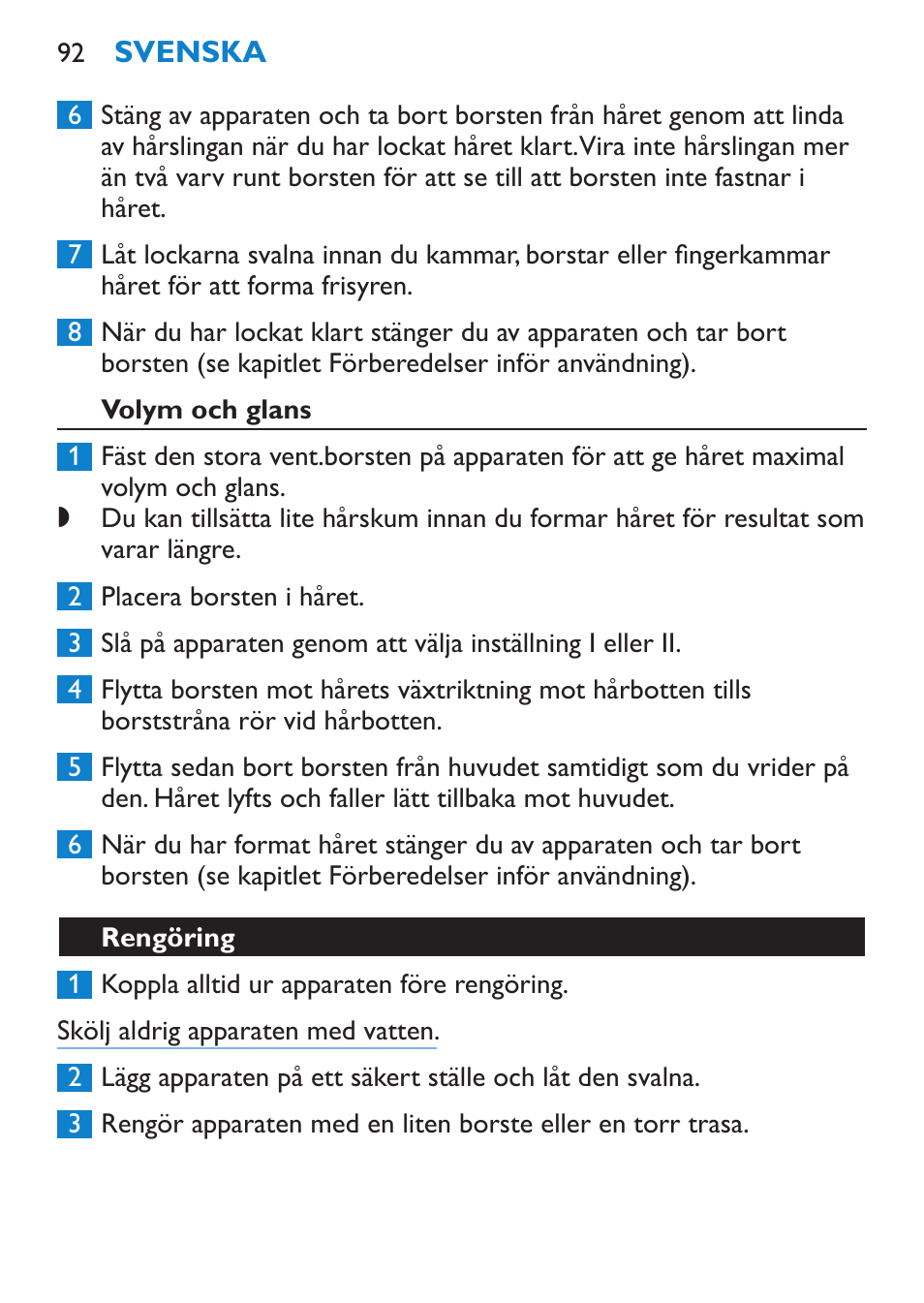 Volym och glans, Rengöring | Philips Salon Airstylist Control Brosse coiffante User Manual | Page 92 / 104