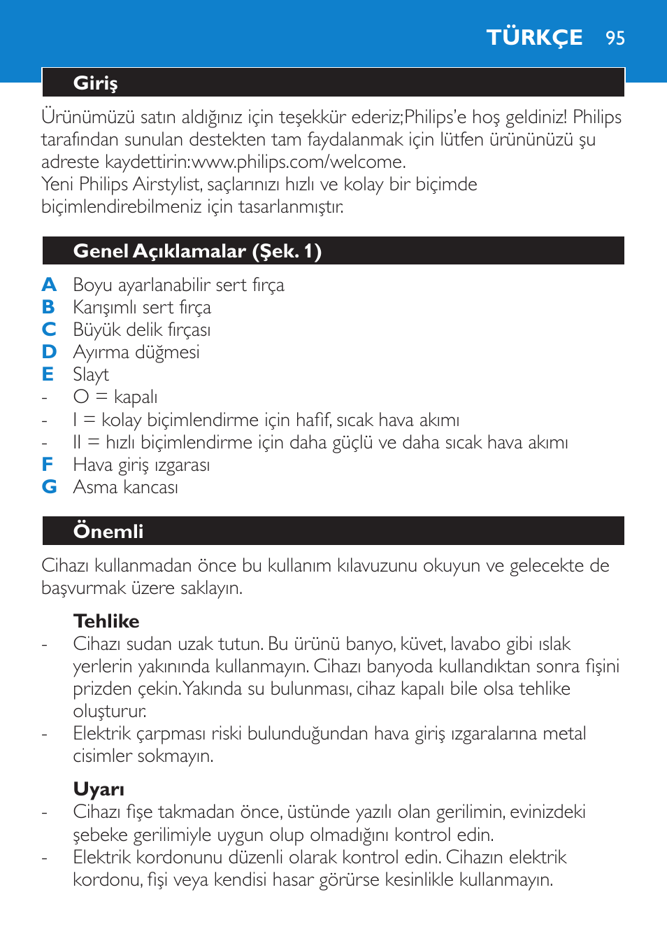 Tehlike, Uyarı, Türkçe | Giriş, Genel açıklamalar (şek. 1), Önemli | Philips Salon Airstylist Control Brosse coiffante User Manual | Page 95 / 104