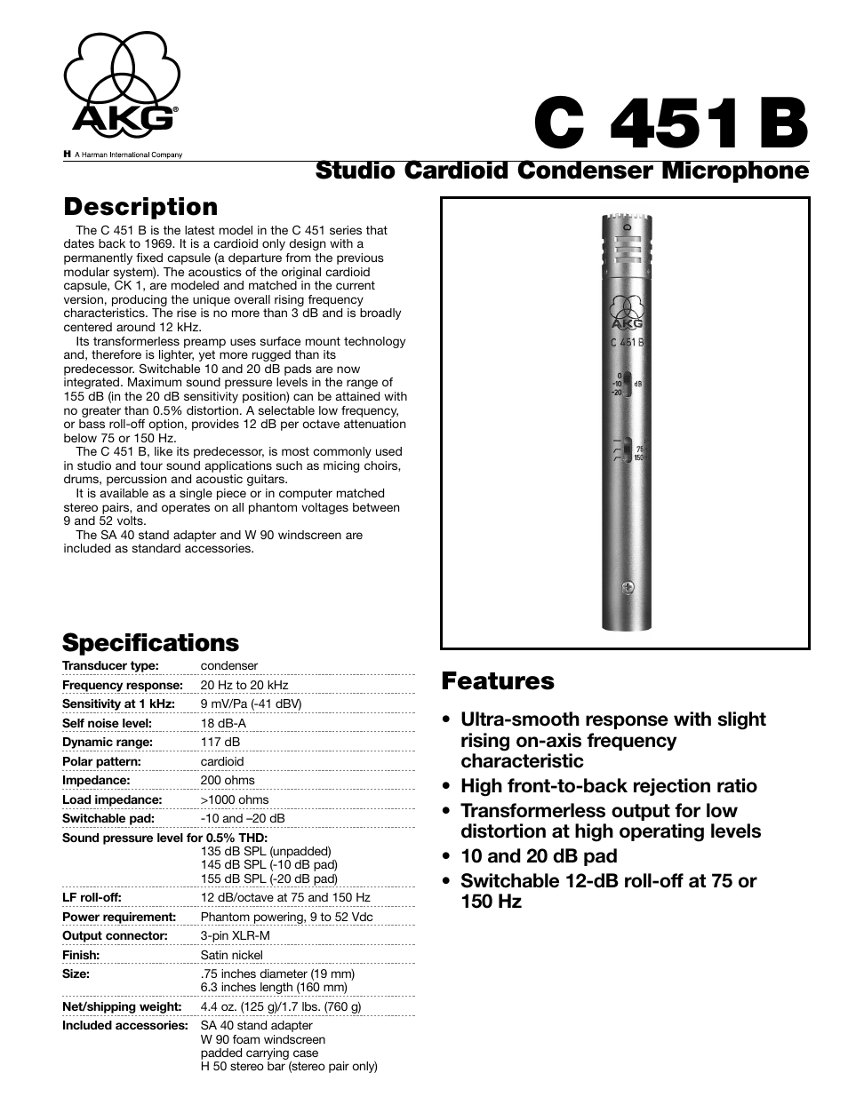 AKG Acoustics C 451B User Manual | 2 pages