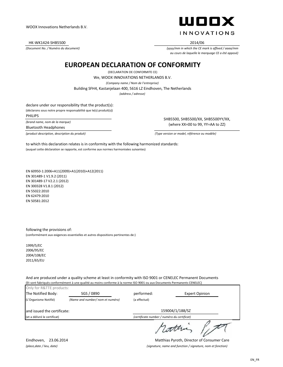 European declaration of conformity | Philips SHB5500 User Manual | Page 2 / 21