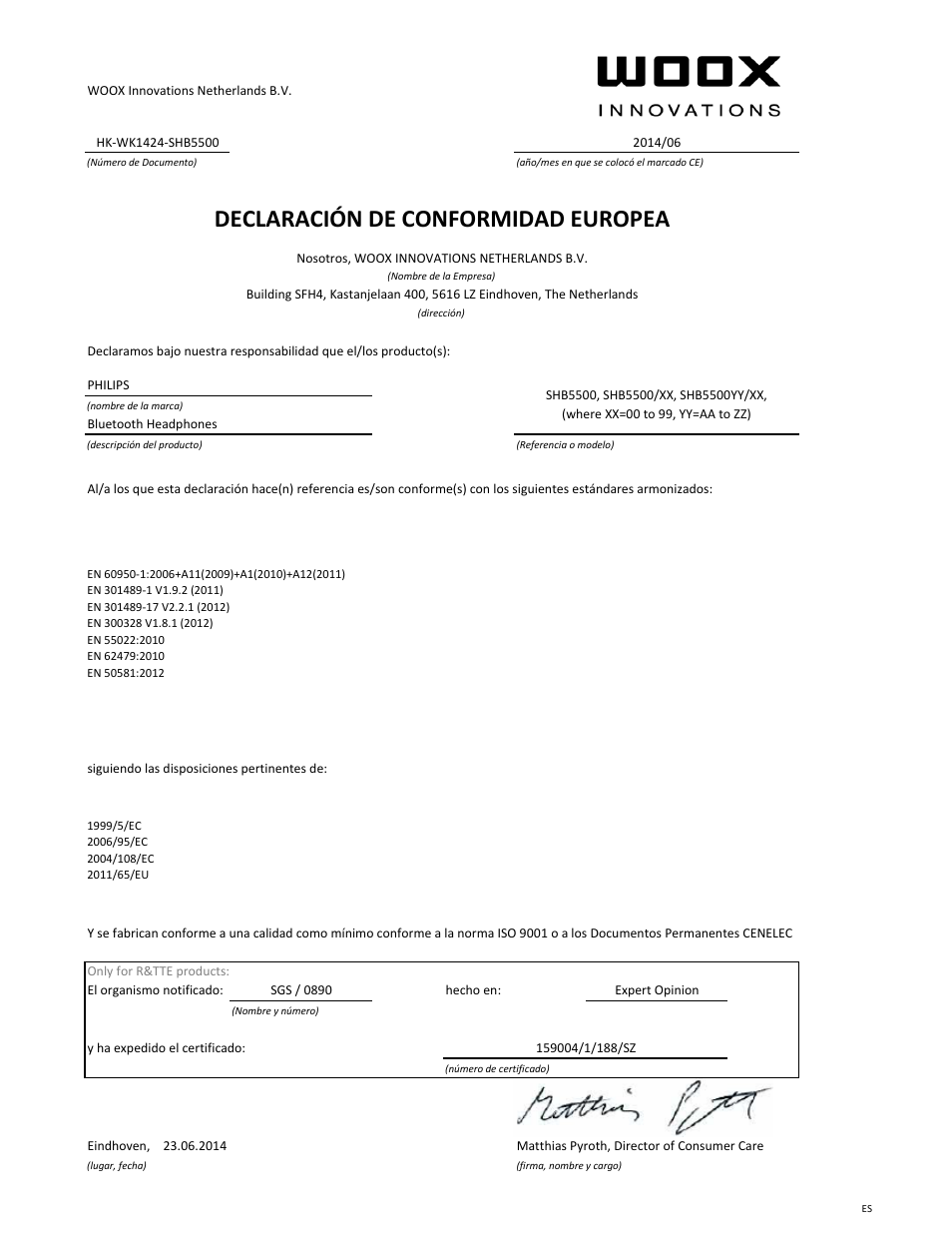 Declaración de conformidad europea | Philips SHB5500 User Manual | Page 7 / 21