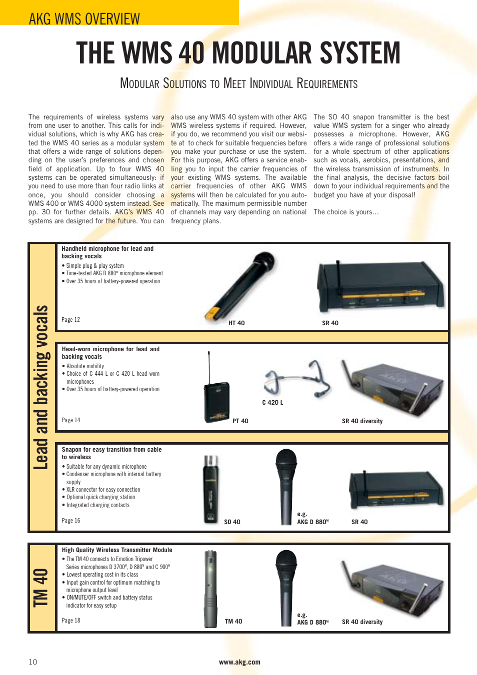 The wms 40 modular system, Lead and backing vocals tm 40, Akg wms overview | Odular, Olutions to, Ndividual, Equirements | AKG Acoustics WMS 40 User Manual | Page 12 / 100