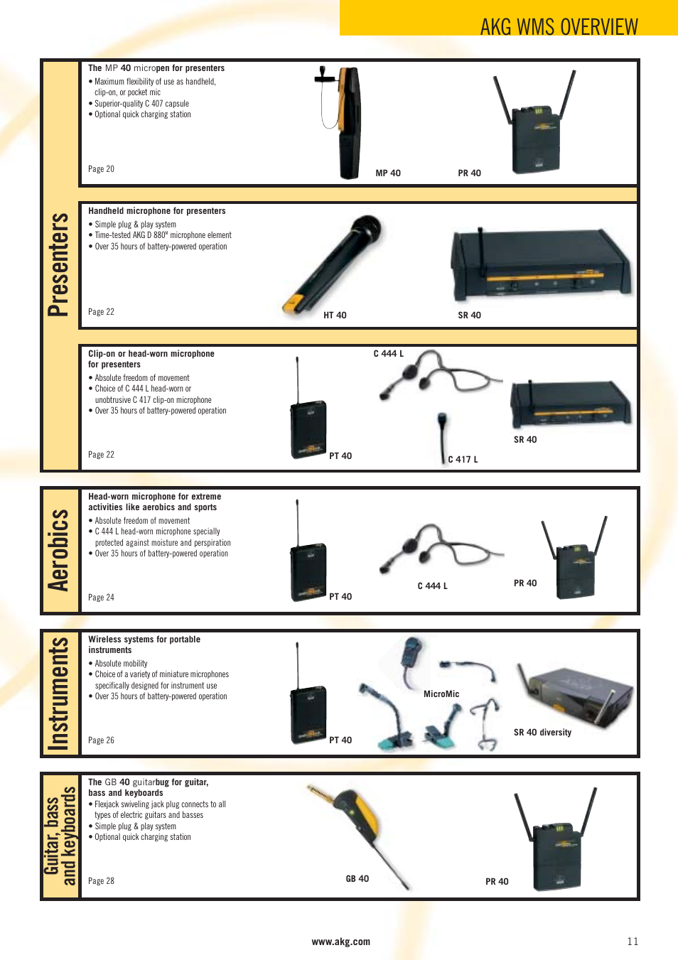 Presenters instruments, Aerobics, Akg wms overview | Guitar , bass and keyboards | AKG Acoustics WMS 40 User Manual | Page 13 / 100