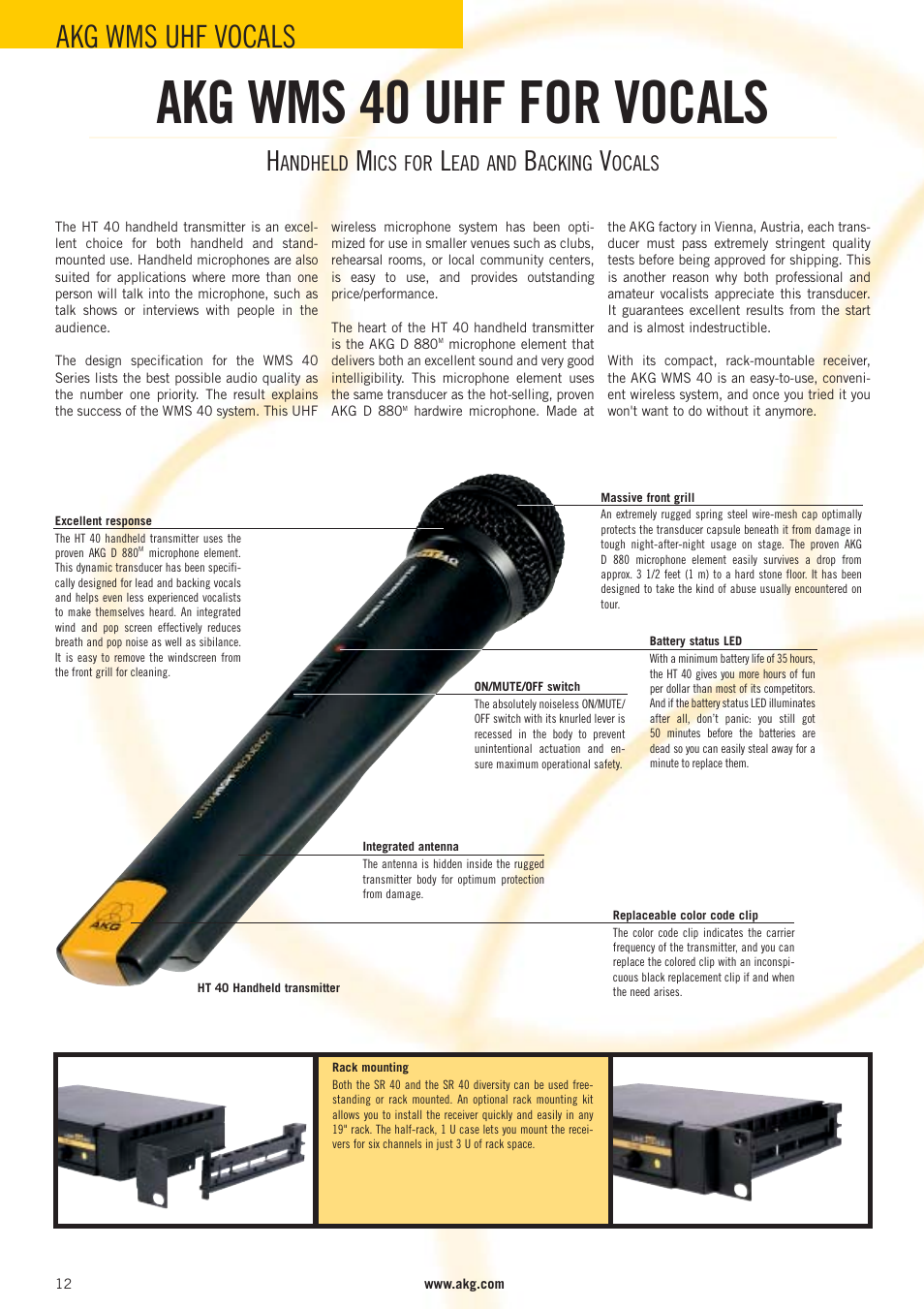 Akg wms 40 uhf for vocals, Akg wms uhf vocals, Andheld | Ics for, Ead and, Acking, Ocals | AKG Acoustics WMS 40 User Manual | Page 14 / 100