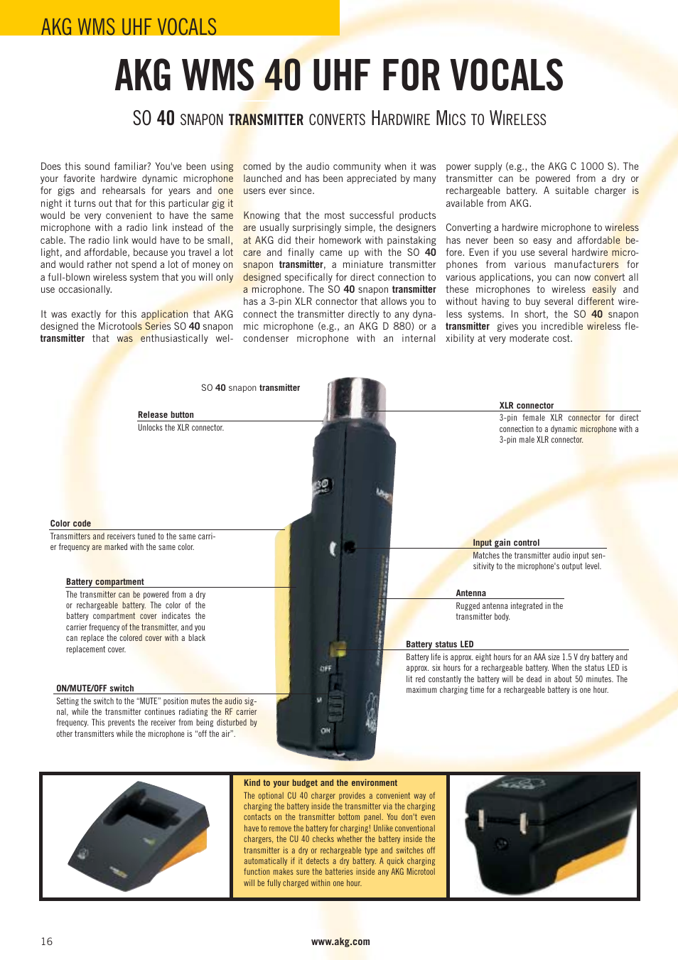 Akg wms 40 uhf for vocals, Akg wms uhf vocals, So 40 | Snapon transmitter converts, Ardwire, Ics to, Ireless | AKG Acoustics WMS 40 User Manual | Page 18 / 100