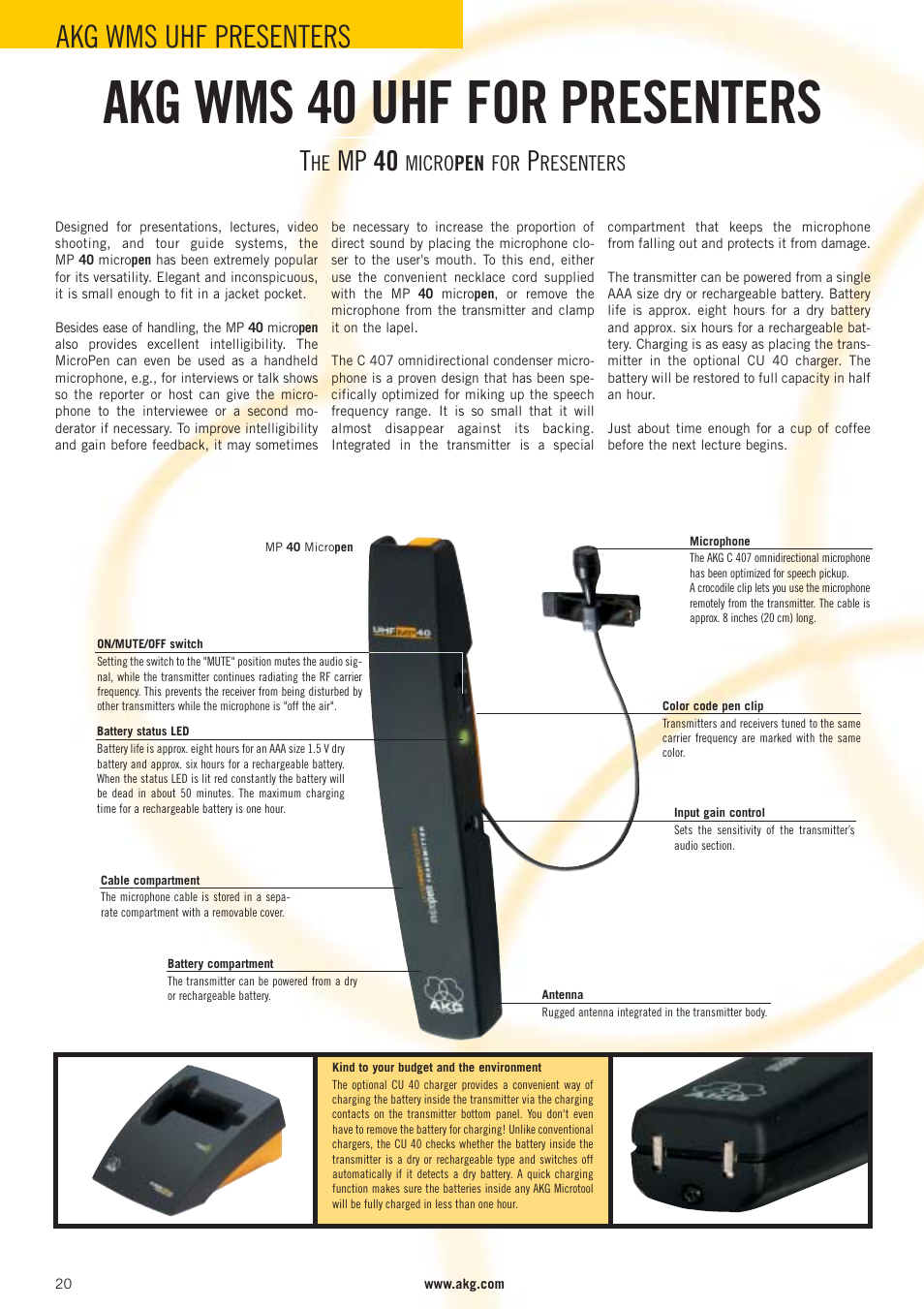 Akg wms 40 uhf for presenters, Akg wms uhf presenters, Mp 40 | Micro pen for, Resenters | AKG Acoustics WMS 40 User Manual | Page 22 / 100