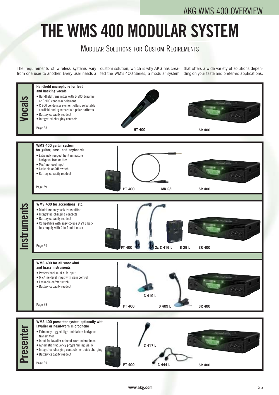 The wms 400 modular system, Vocals, Presenter instruments | Akg wms 400 overview, Odular, Olutions for, Ustom, Eqirements | AKG Acoustics WMS 40 User Manual | Page 37 / 100