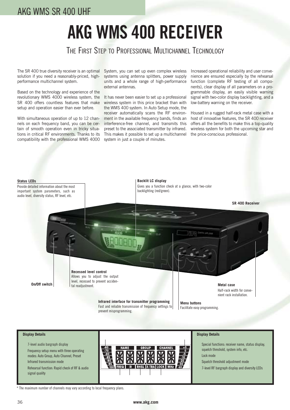 Akg wms 400 receiver, Akg wms sr 400 uhf, Irst | Tep to, Rofessional, Ultichannel, Echnology | AKG Acoustics WMS 40 User Manual | Page 38 / 100