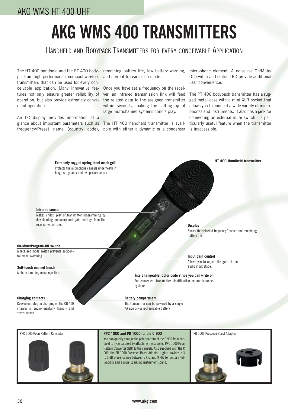 Akg wms 400 transmitters, Akg wms ht 400 uhf, Andheld and | Odypack, Ransmitters for every conceivable, Pplication | AKG Acoustics WMS 40 User Manual | Page 40 / 100