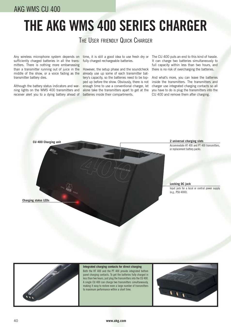 The akg wms 400 series charger, Akg wms cu 400 | AKG Acoustics WMS 40 User Manual | Page 42 / 100