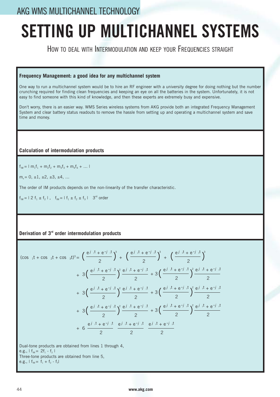 Setting up multichannel systems, Akg wms multichannel technology, Ow to deal with | Ntermodulation and keep your, Requencies straight, Calculation of intermodulation products, Derivation of 3, Order intermodulation products | AKG Acoustics WMS 40 User Manual | Page 46 / 100