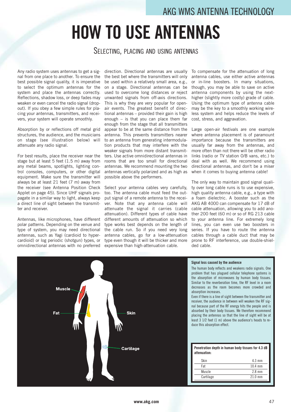 How to use antennas, Akg wms antenna technology, Electing | Placing and using antennas | AKG Acoustics WMS 40 User Manual | Page 49 / 100