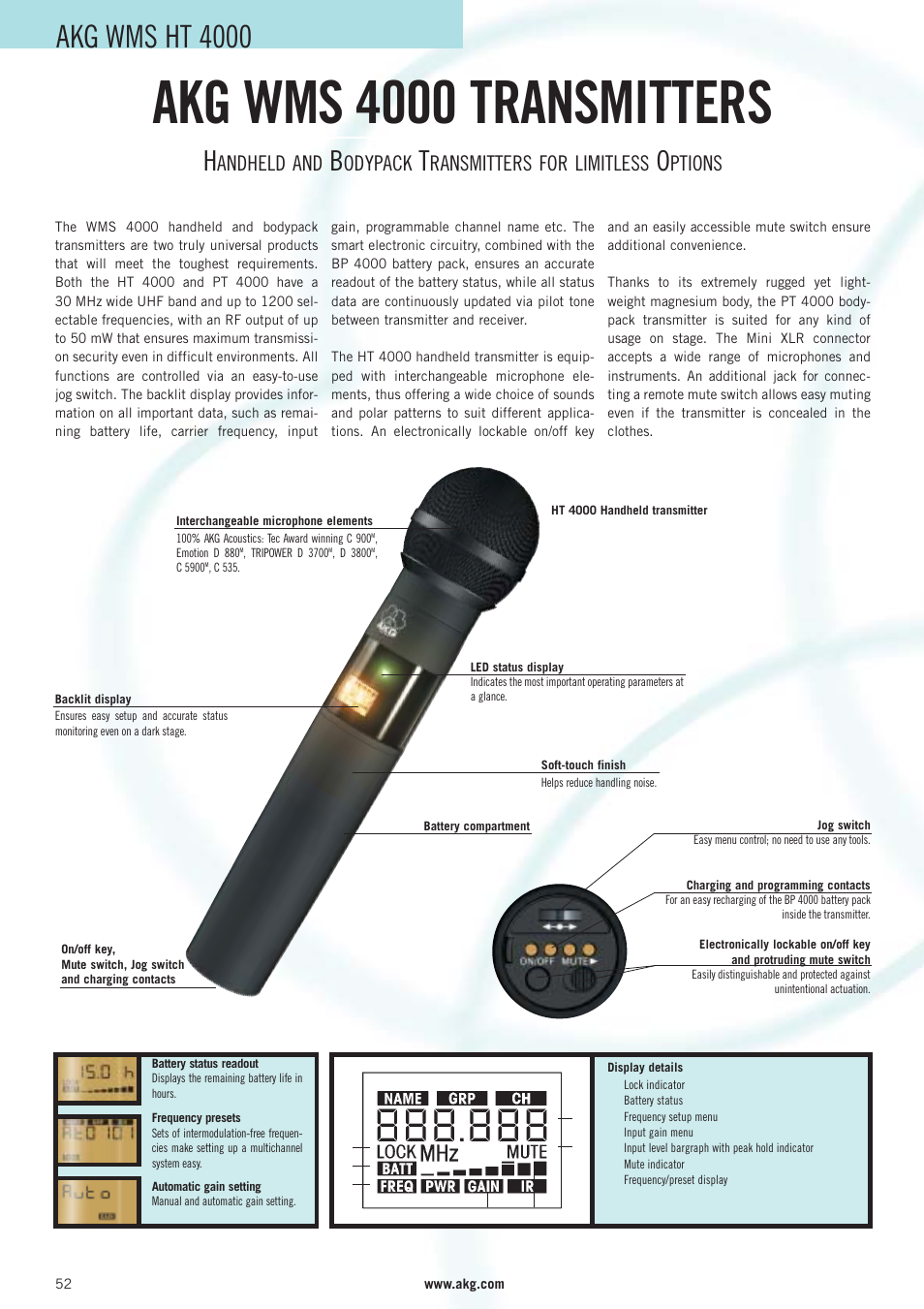 Akg wms 4000 transmitters, Akg wms ht 4000, Andheld and | Odypack, Ransmitters for limitless, Ptions | AKG Acoustics WMS 40 User Manual | Page 54 / 100