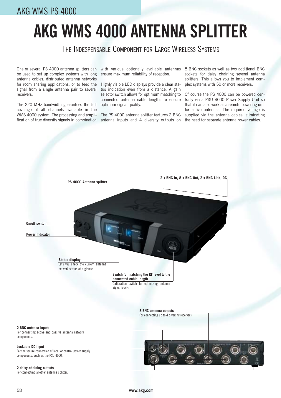 Akg wms 4000 antenna splitter, Akg wms ps 4000 | AKG Acoustics WMS 40 User Manual | Page 60 / 100