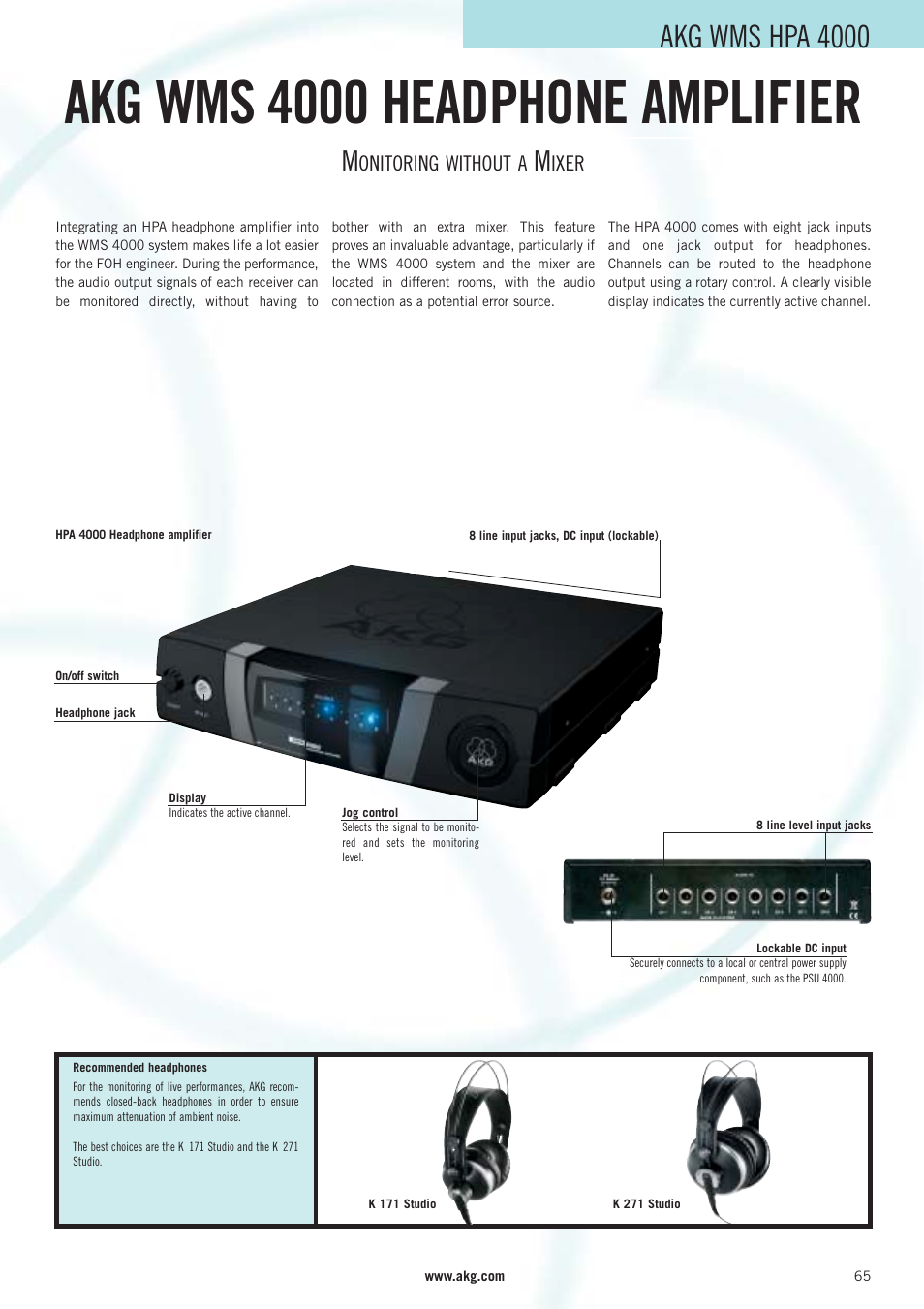 Akg wms 4000 headphone amplifier, Akg wms hpa 4000, Onitoring without a | Ixer | AKG Acoustics WMS 40 User Manual | Page 67 / 100