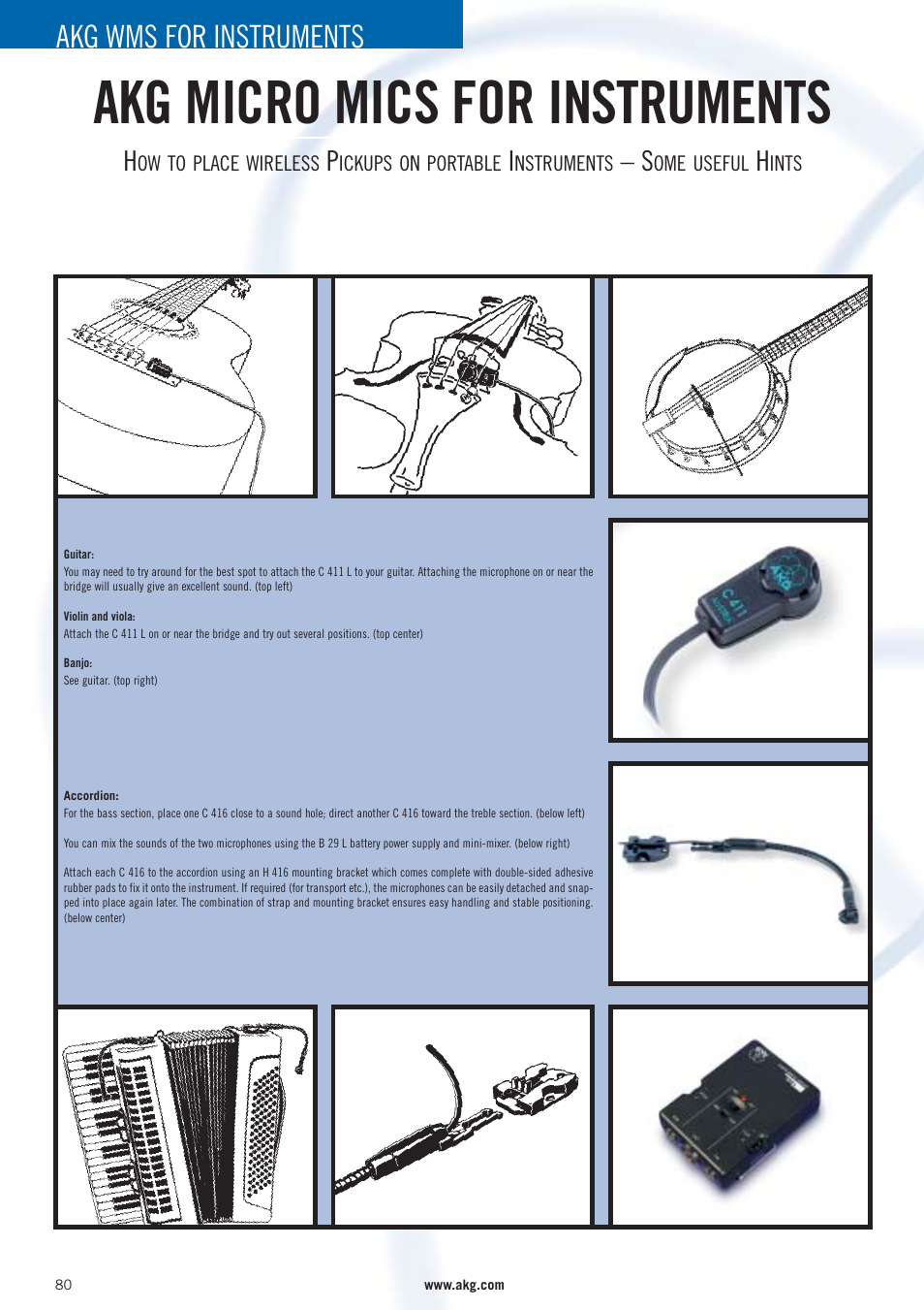 Akg micro mics for instruments, Akg wms for instruments | AKG Acoustics WMS 40 User Manual | Page 82 / 100