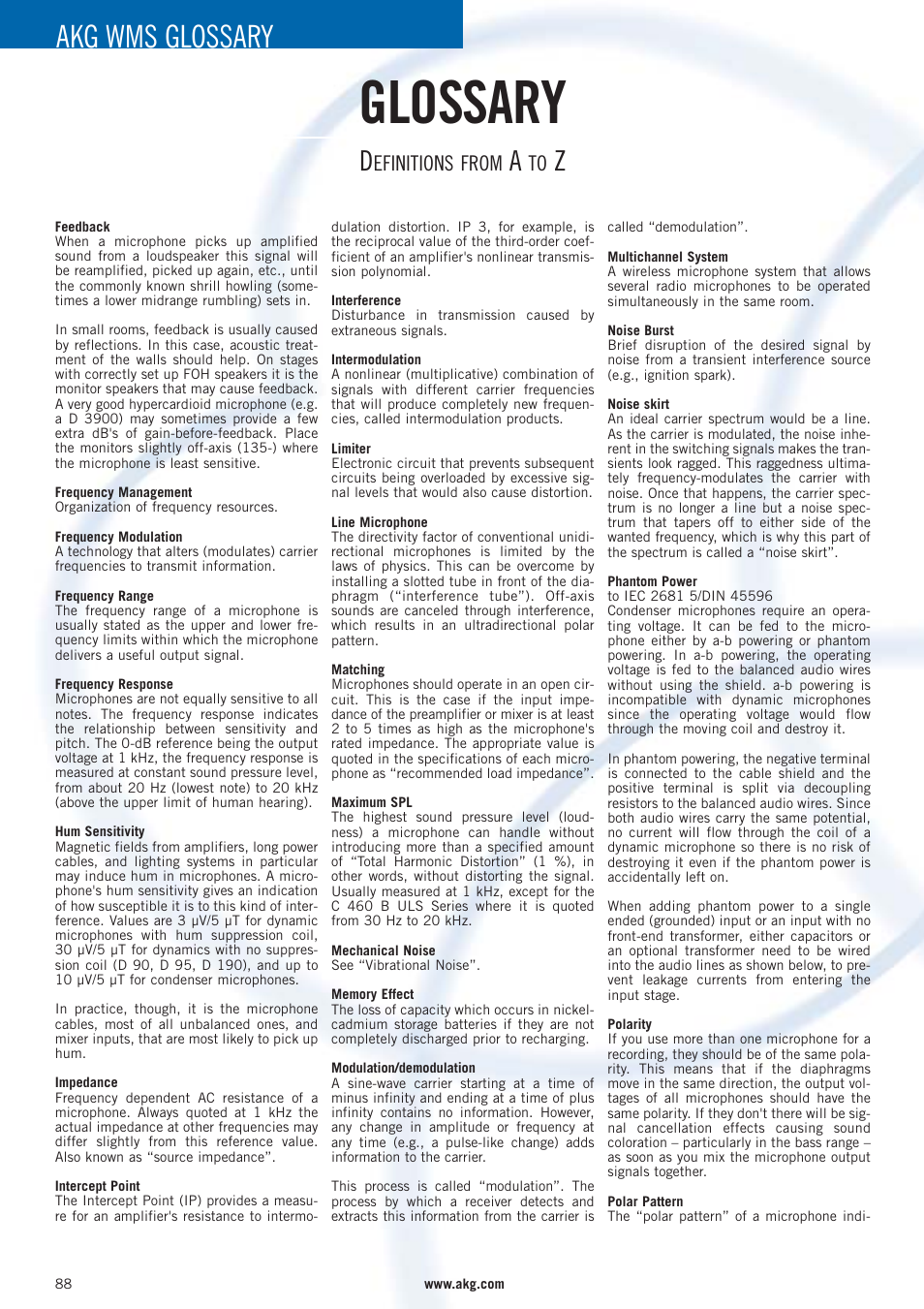 Glossary, Akg wms glossary, Efinitions from | AKG Acoustics WMS 40 User Manual | Page 90 / 100