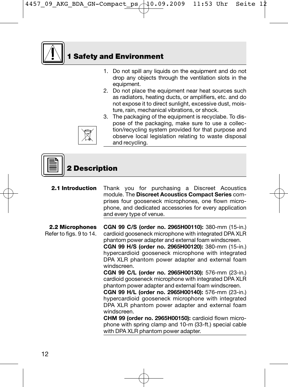 1 safety and environment 2 description | AKG Acoustics CGN 99 H/L User Manual | Page 12 / 64