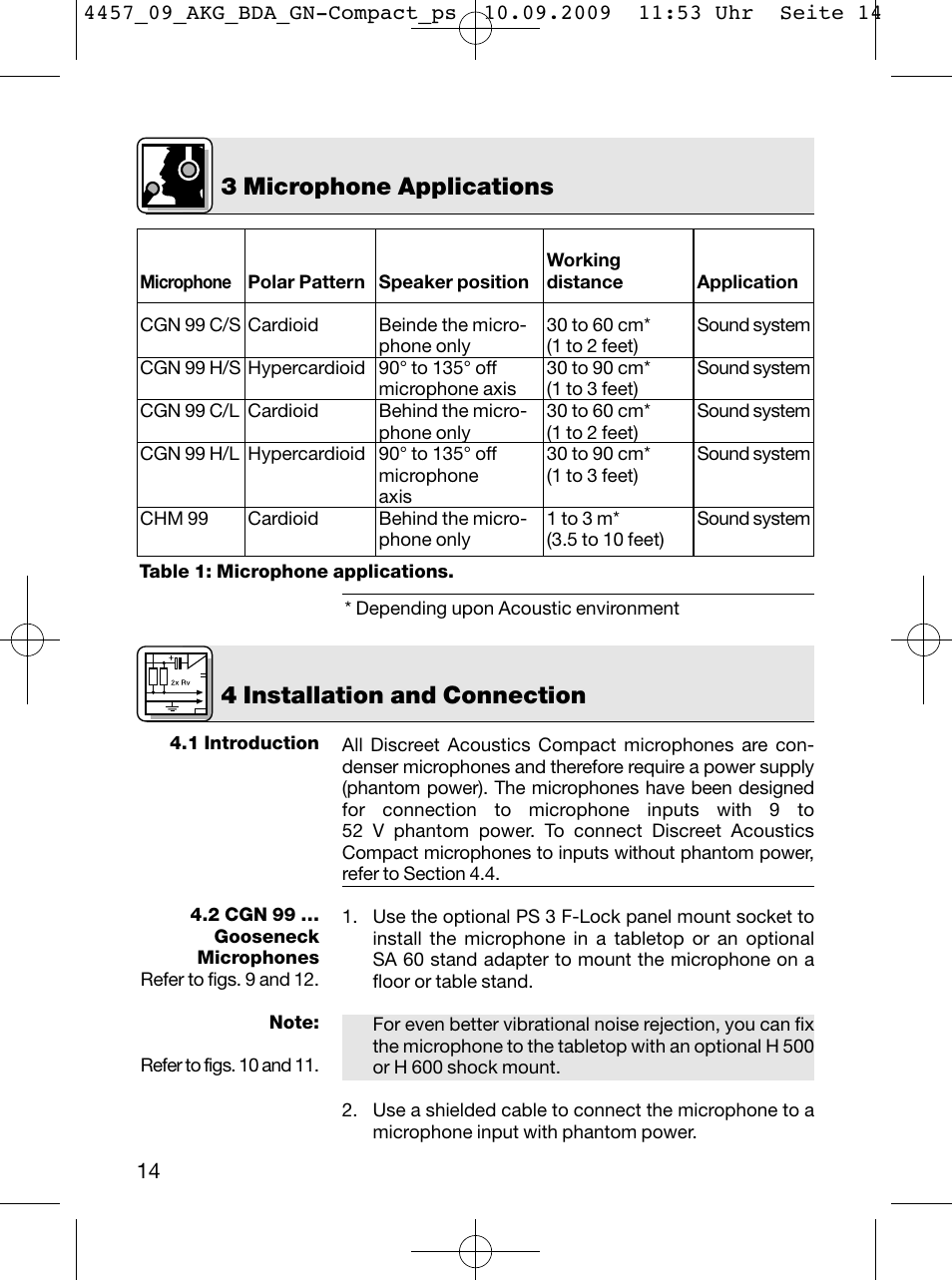 3 microphone applications, 4 installation and connection | AKG Acoustics CGN 99 H/L User Manual | Page 14 / 64