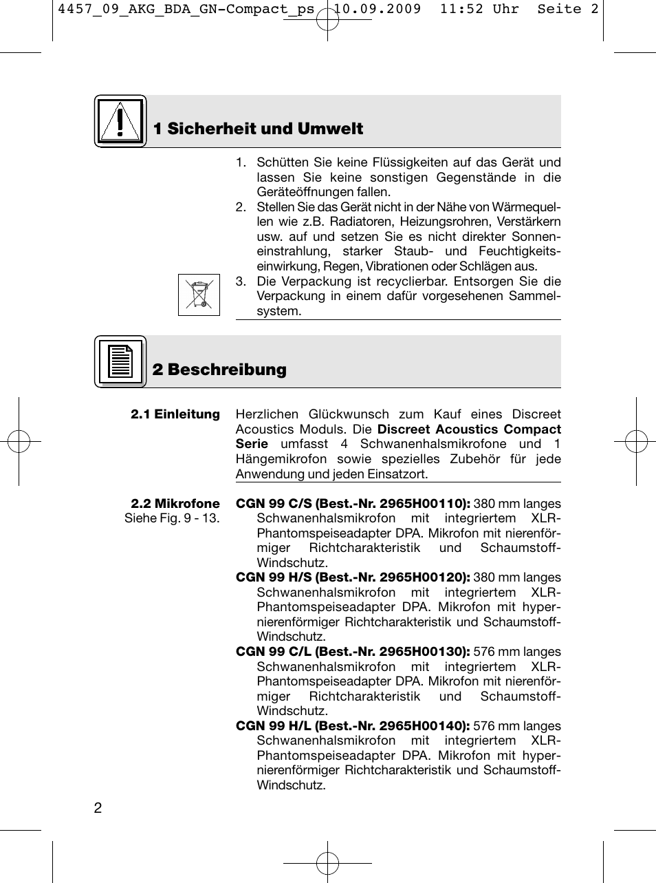 1 sicherheit und umwelt, 2 beschreibung | AKG Acoustics CGN 99 H/L User Manual | Page 2 / 64