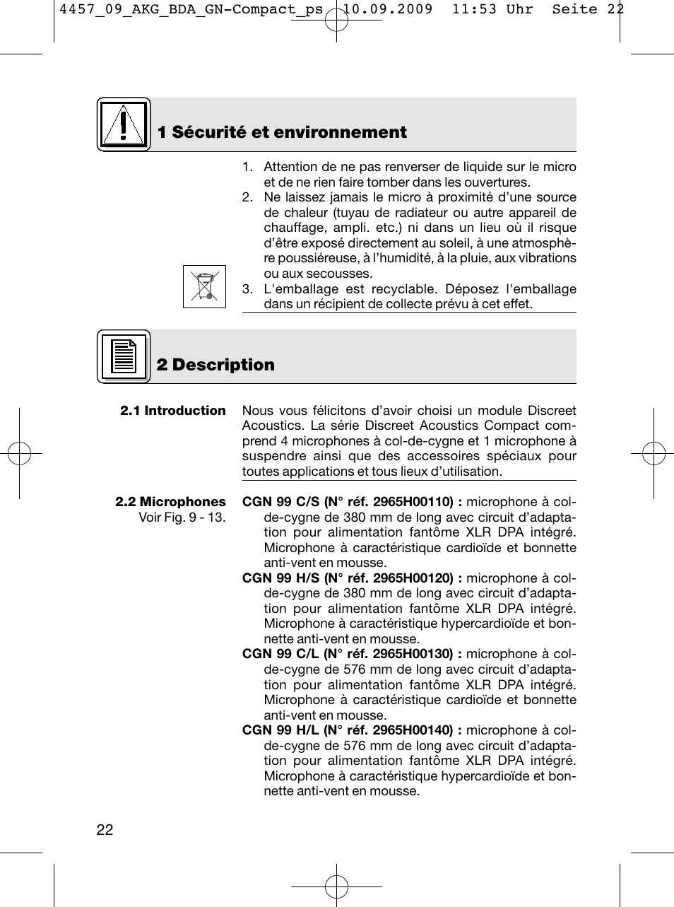 1 sécurité et environnement, 2 description | AKG Acoustics CGN 99 H/L User Manual | Page 22 / 64