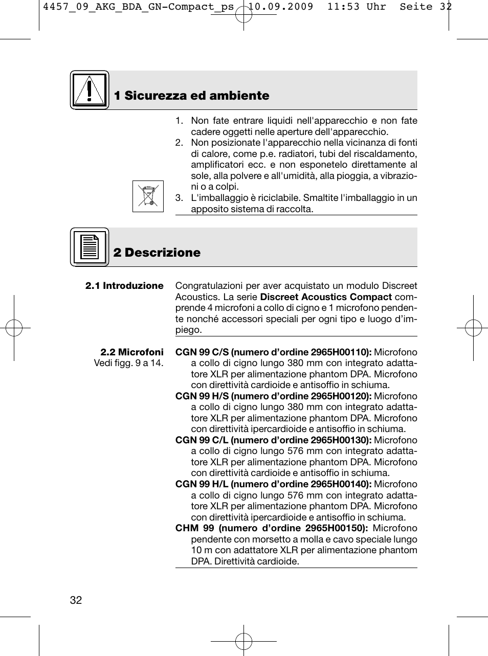 2 descrizione 1 sicurezza ed ambiente | AKG Acoustics CGN 99 H/L User Manual | Page 32 / 64