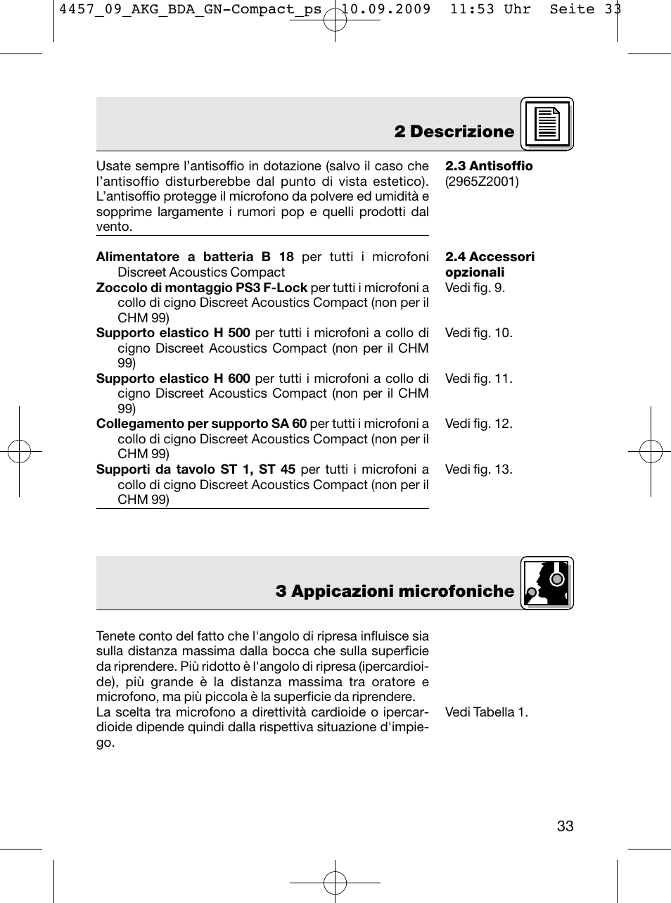 2 descrizione, 3 appicazioni microfoniche | AKG Acoustics CGN 99 H/L User Manual | Page 33 / 64