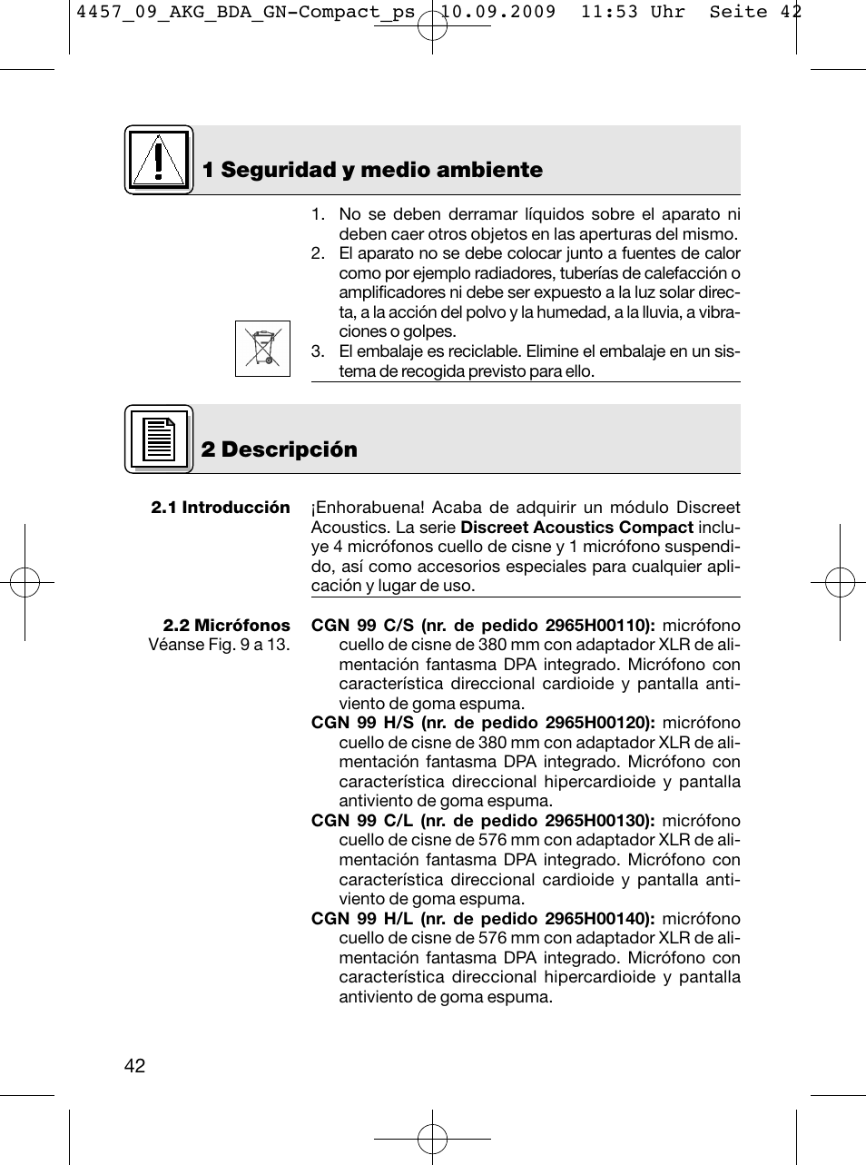 2 descripción 1 seguridad y medio ambiente | AKG Acoustics CGN 99 H/L User Manual | Page 42 / 64