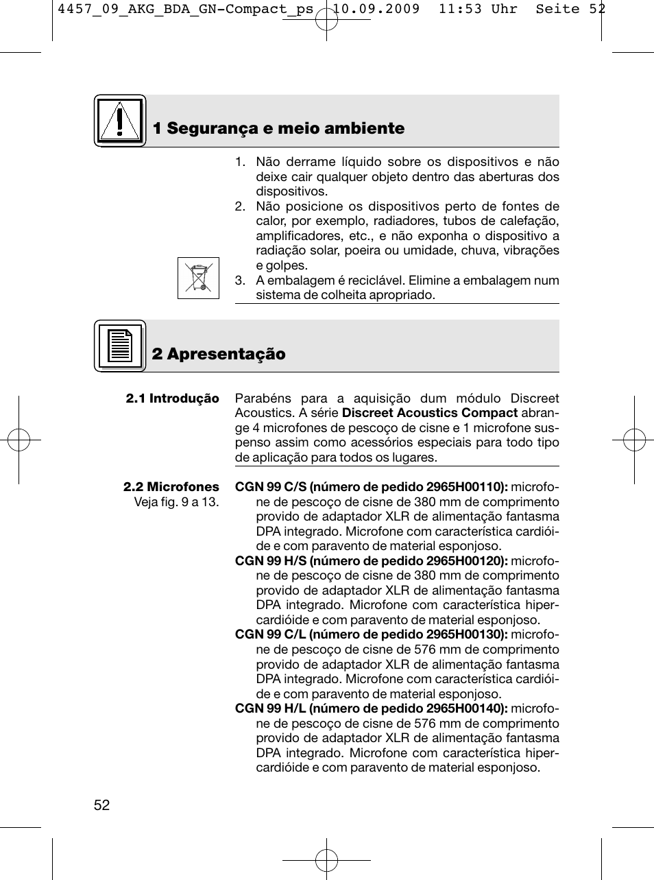 2 apresentação 1 segurança e meio ambiente | AKG Acoustics CGN 99 H/L User Manual | Page 52 / 64