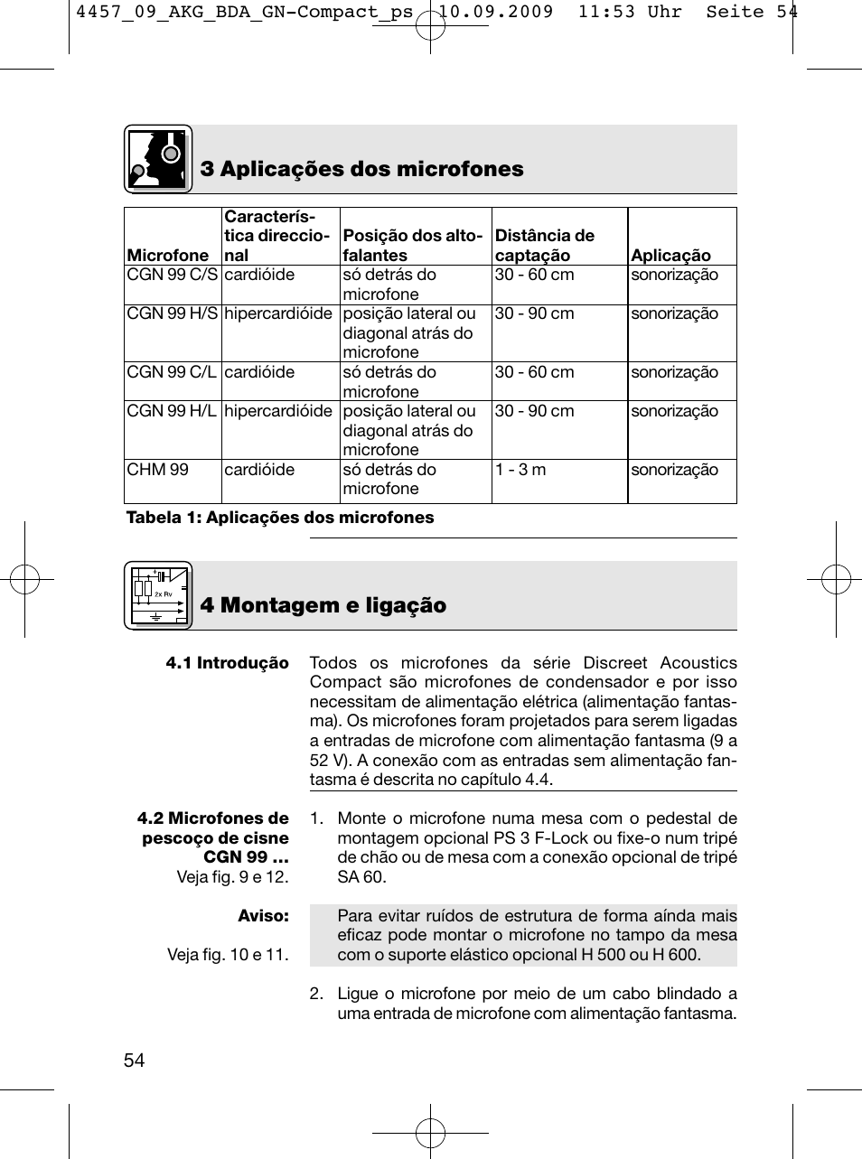 3 aplicações dos microfones, 4 montagem e ligação | AKG Acoustics CGN 99 H/L User Manual | Page 54 / 64