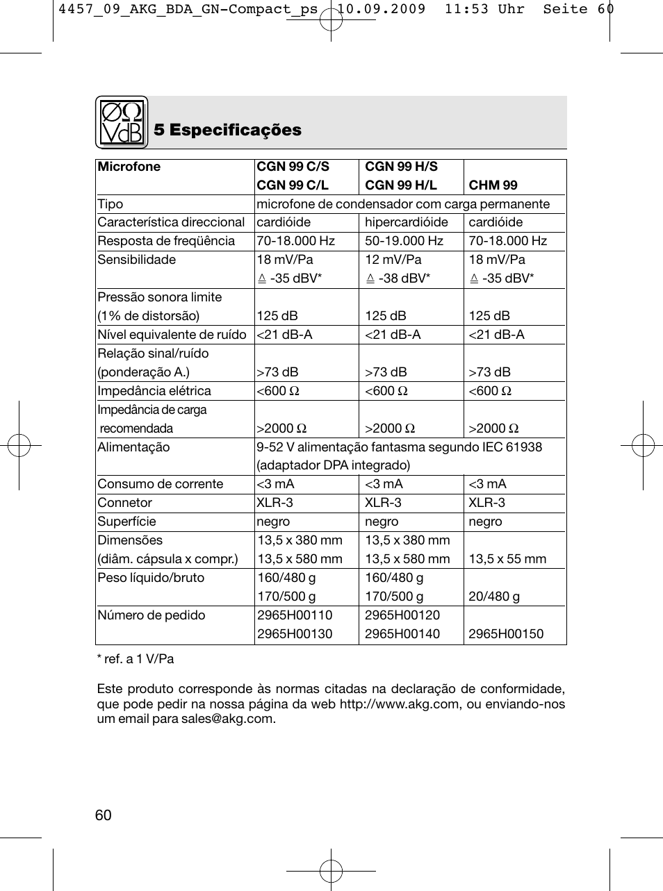 5 especificações | AKG Acoustics CGN 99 H/L User Manual | Page 60 / 64